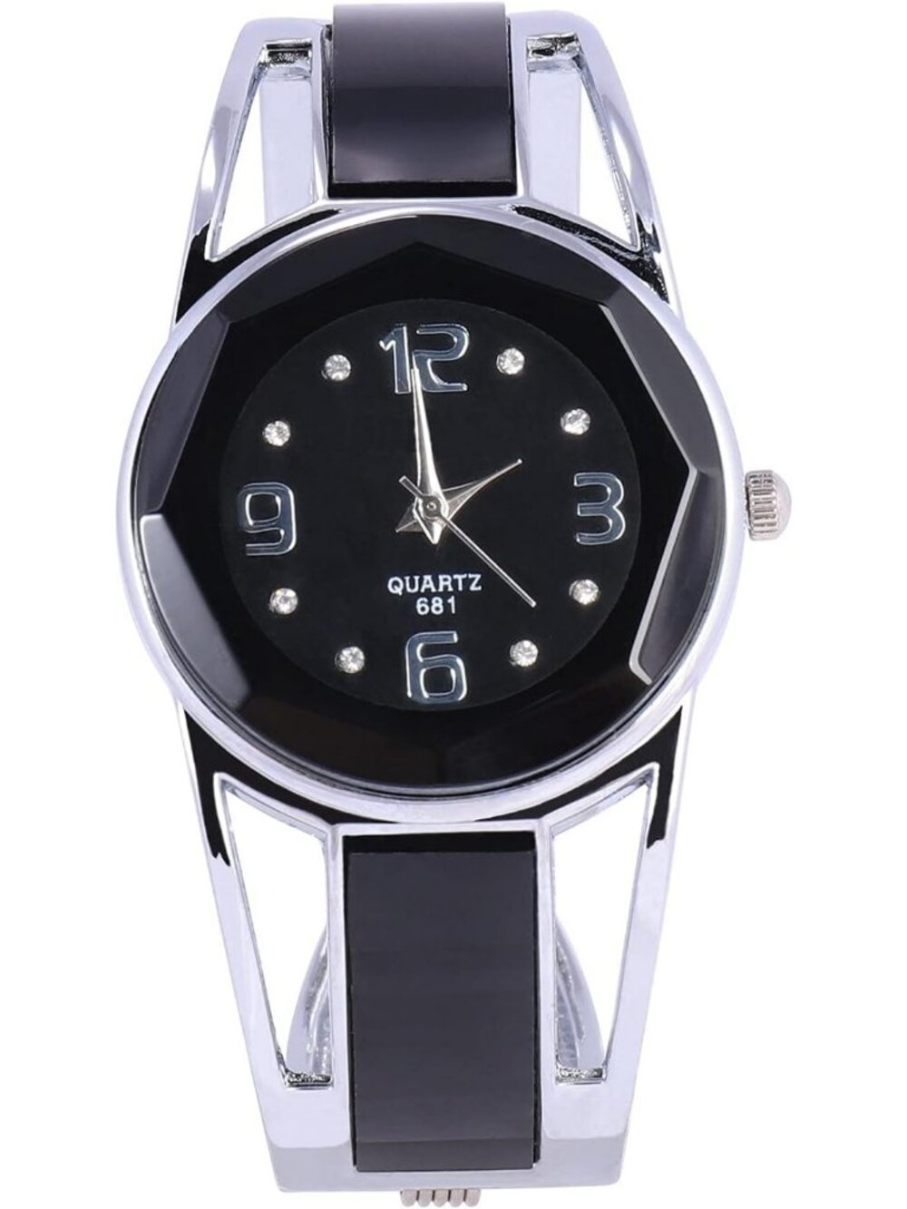 Women's Black Quartz Round Dial Stainless Steel Band Cuff Bracelet Wrist Watch